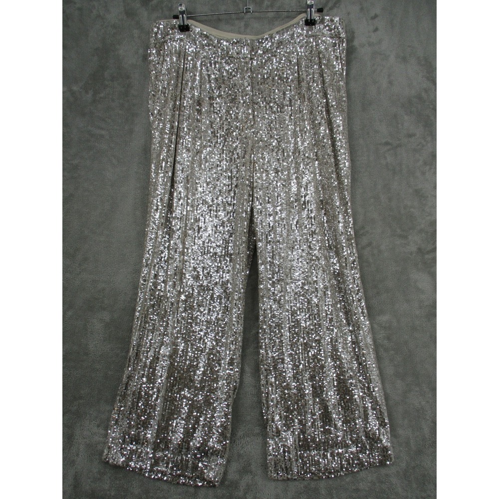 Express Pants Womens Large Silver‎ Sequin High Rise Cropped Wide Leg Pleated Zip